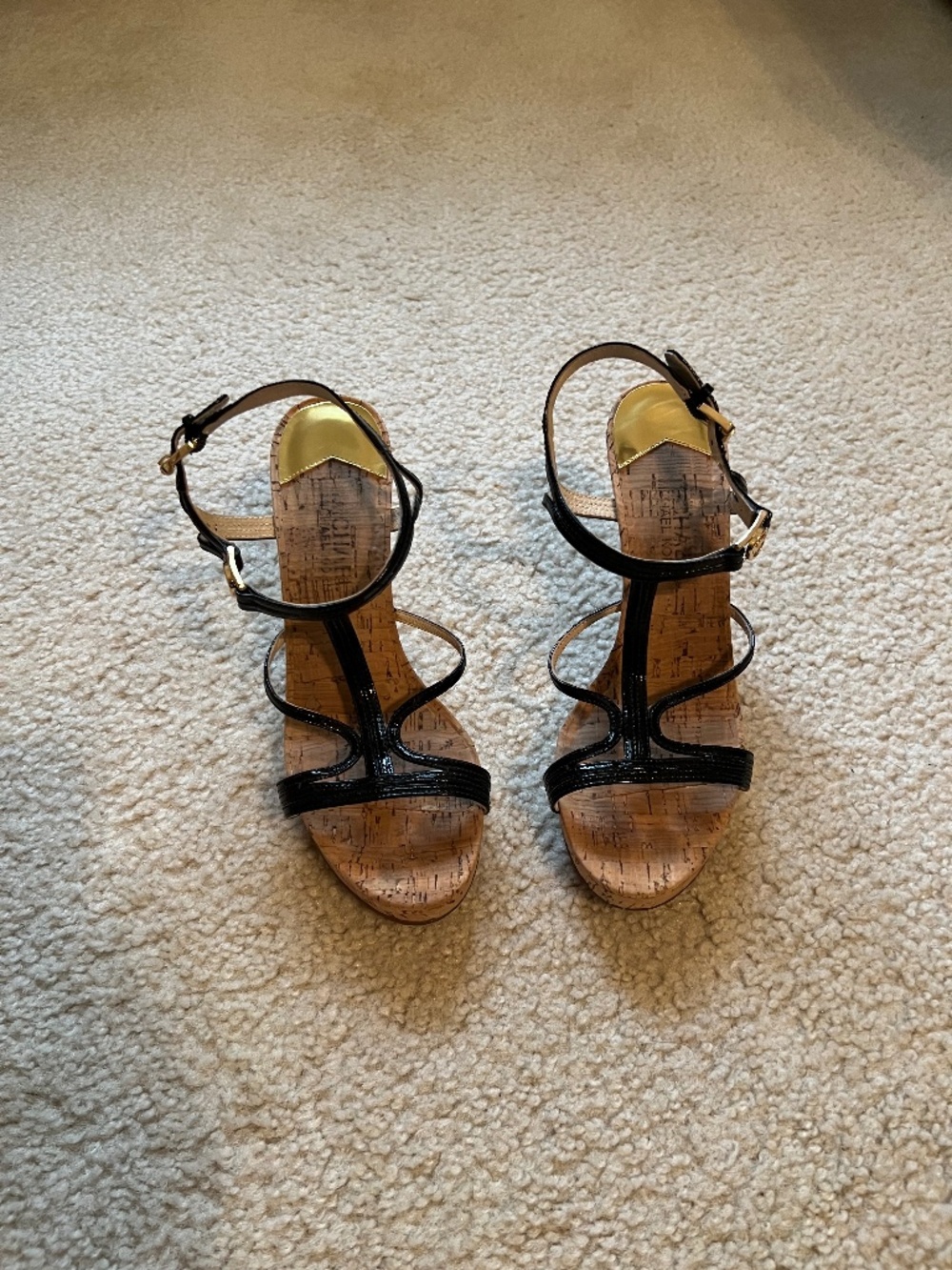 Michael Kors Cicely Black Patent Leather Cork Wedge Sandals Box Size 6.5